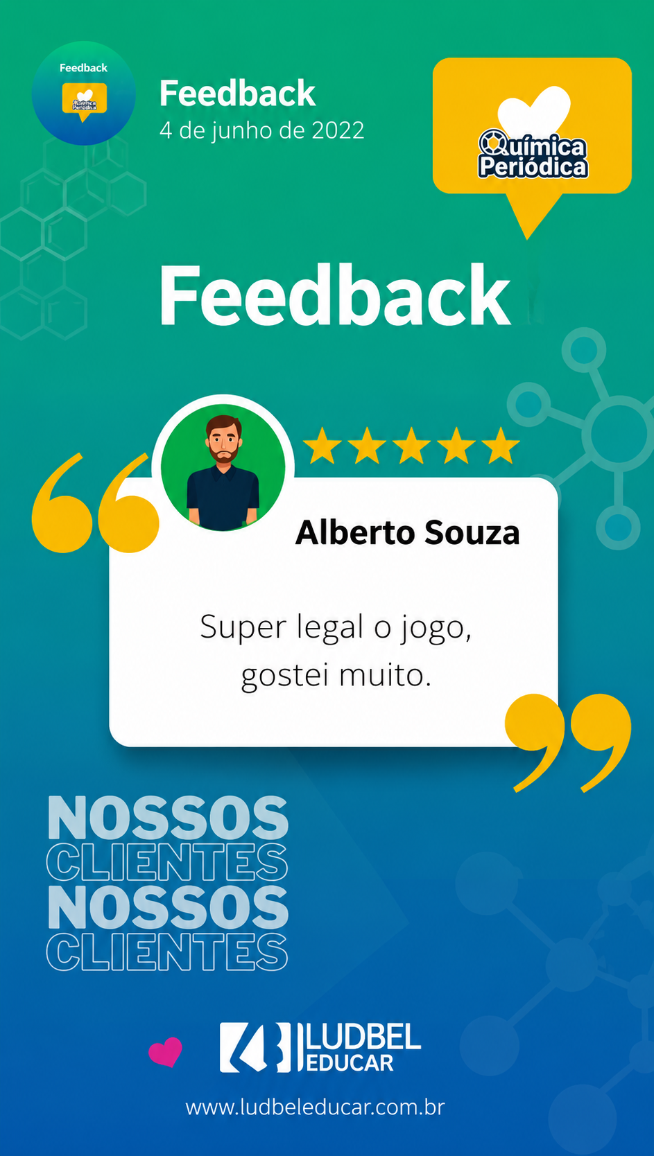 Depoimento de cliente sobre o jogo Química Periódica